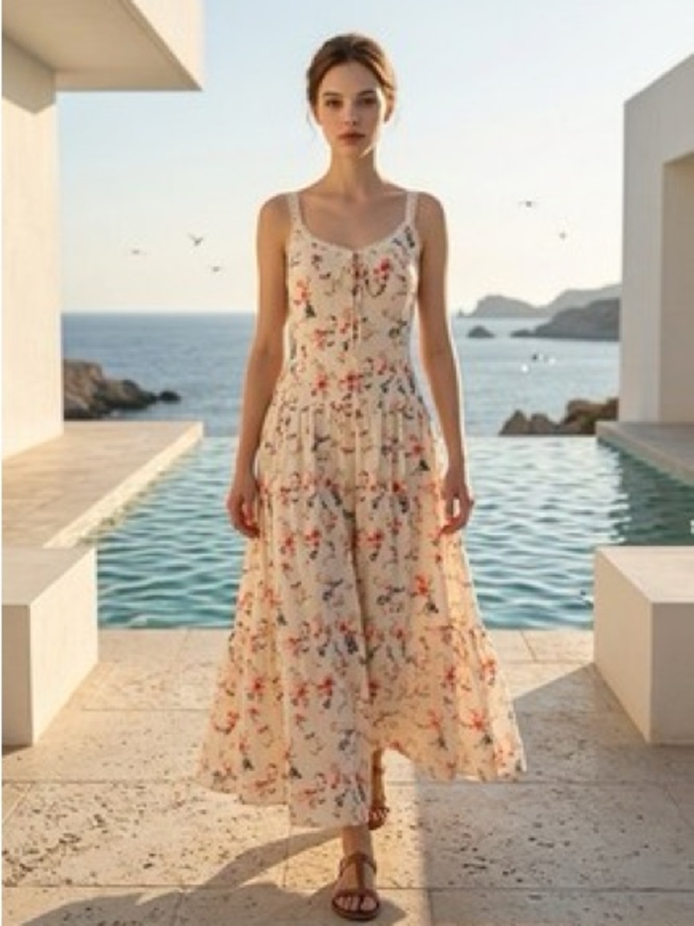 Caroline Constas Cream Floral Midi Sundress with Spaghetti Straps-Small-NWT